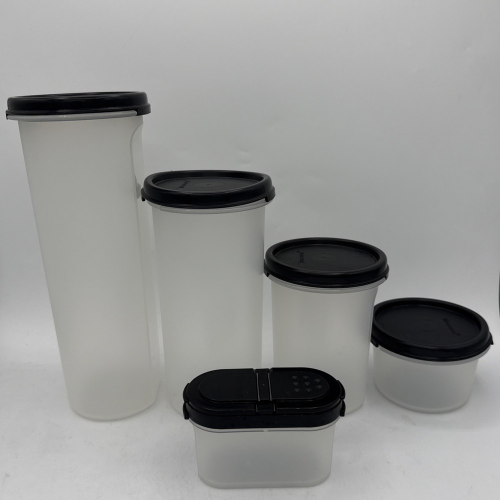 Tupperware Modular Mates Pantry Set of 5 Clear Black Lids Rounds Large Spice